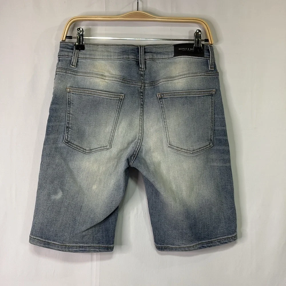 🍕 supply and demand distressed, long jean shorts with black bandanna patch